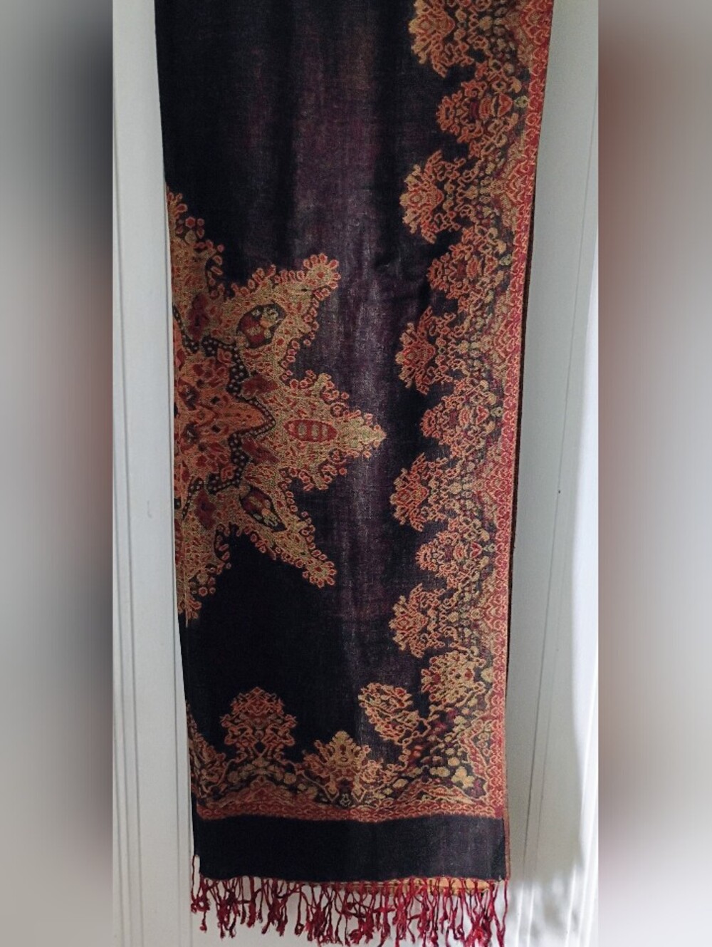 Embroidered Black and Gold Midi Scarf With Fringe 70x30 Inches